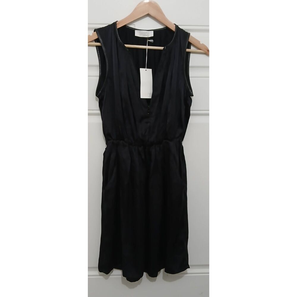 Grace womens small silk dress black elastic waist leather trim zip split neck